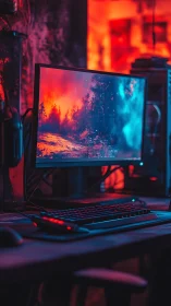Gaming desktop with vivid monitor in red blue lighting.
