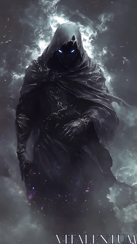 Hooded figure with glowing eyes stands in swirling smoke