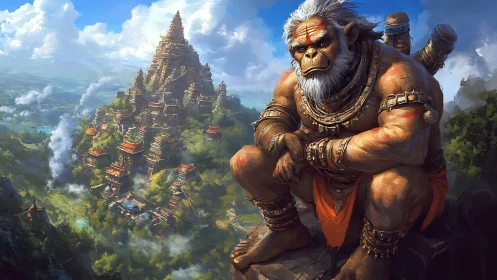 Mountain-top monkey guardian broods above misty temple city.
