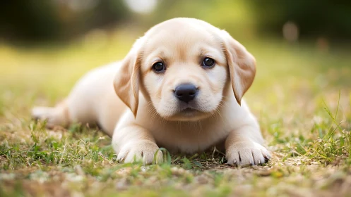 Yellow labrador puppy lying on grass in soft daylight.
