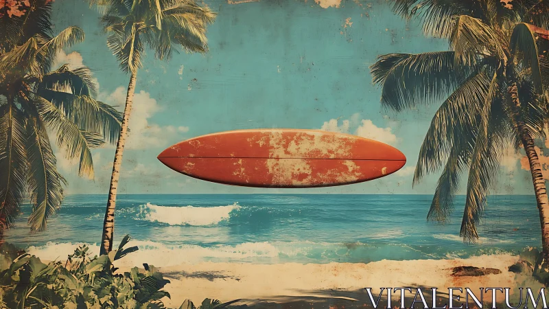 Sun-faded surfboard floating over a dreamy tropical beach.