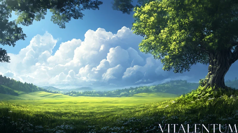 Sunlit meadow daydream under a sheltering oak tree.