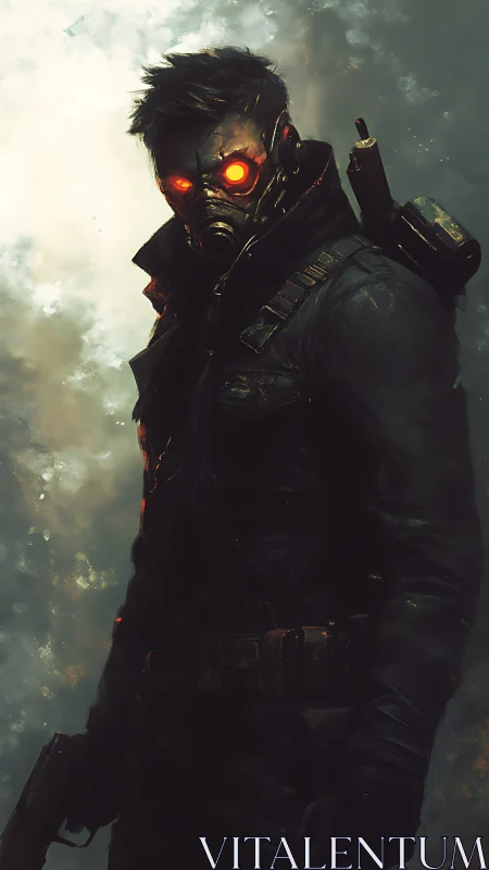 Post-apocalyptic gunman stands in glowing haze with visor lit