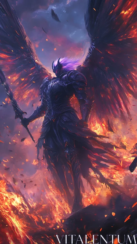 Armored winged figure over volcanic fire and dark sky.