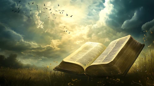 Digital painting of illuminated book in luminous meadowscape.