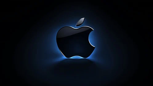 Glossy black apple emblem with blue rim lighting on black