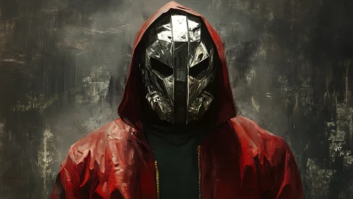 Hooded figure with metallic mask against textured backdrop.