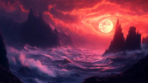 Spectral crimson seascape under hyperluminous lunar convergence.