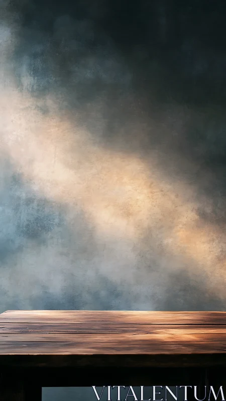 Wooden tabletop surface is illuminated by diffuse light