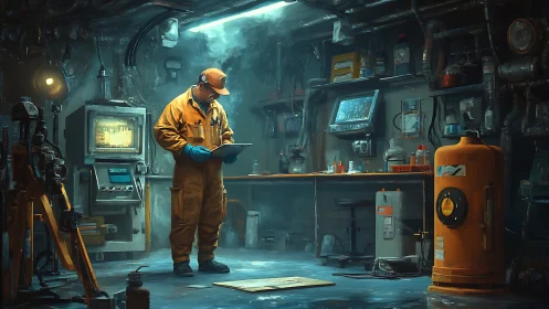 Engineer reviews blueprints in a moody underground workshop