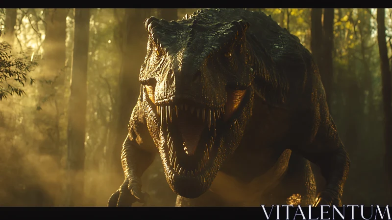 Roaring tyrannosaur emerging through cinematic forest haze.