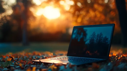 Laptop daydreams in leaf-bright autumn sunset hush.