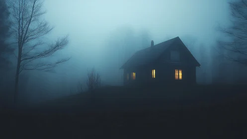 Cozy cabin windows glowing softly through blue forest fog.