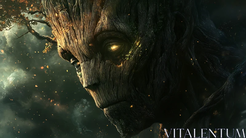 Ancient tree titan gazes through embers in the storm-dark sky