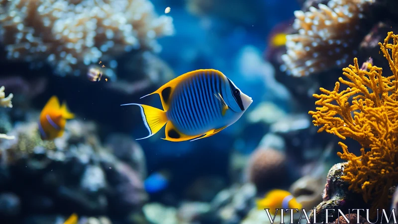 Striped butterflyfish glides through vivid coral reef seascape.