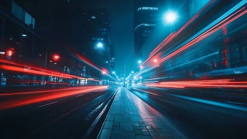 Long-exposure urban traffic captures red light trails in teal haze