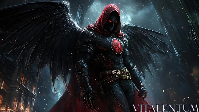 Winged vigilante in neo-gothic alley, digital painting focus.