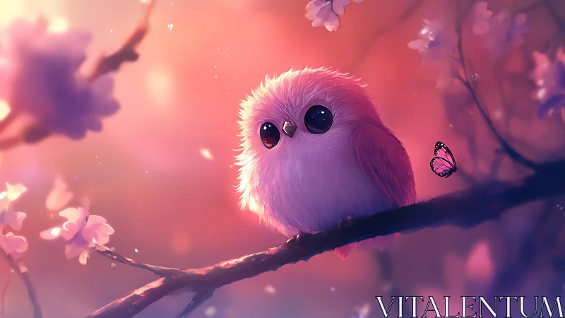Adorable pink fluffy bird on blossom branch, dreamy fantasy art.