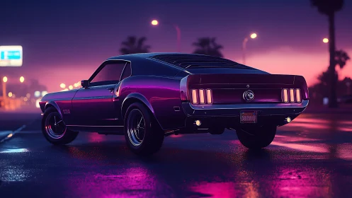 Retro muscle car glowing on neon soaked night street.