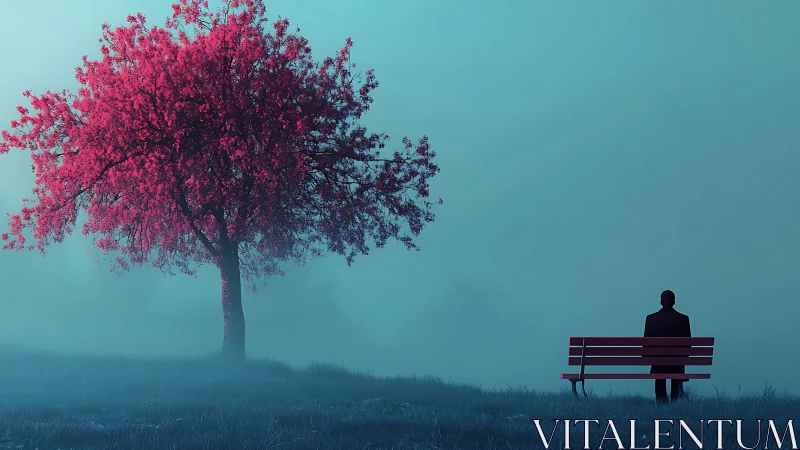 Solitude Under the Neon Blossom Tree in Hushed Blue Fog.