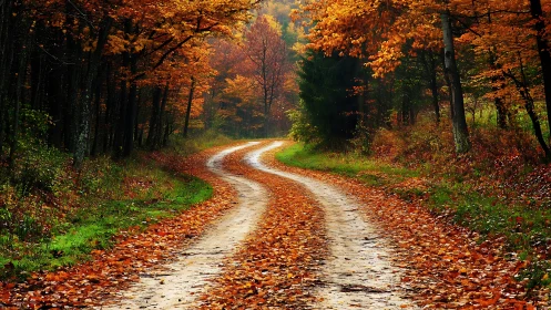 Curved forest path extends through dense autumn foliage