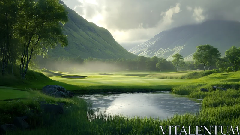 Golf course fairway extends beside reflective water under hills