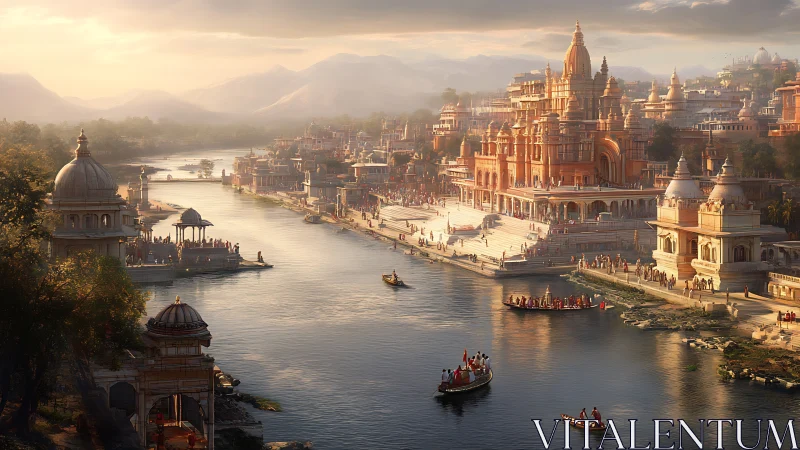 Golden riverfront city at sunrise with boats and temples.