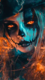 Close-up portrait with skull face paint and glowing eyes.