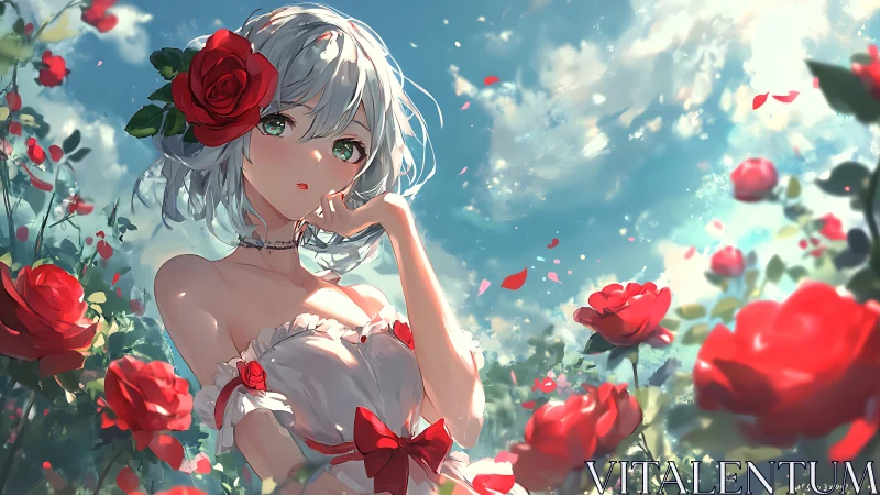 Silver-haired anime girl in rose garden under luminous sky