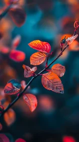 Autumn leaves glow against a soft teal forest backdrop