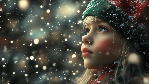 Child in winter snowfall with soft glowing bokeh lights.