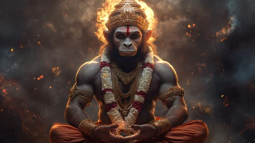 Divine simian warrior meditating in fiery celestial aura.