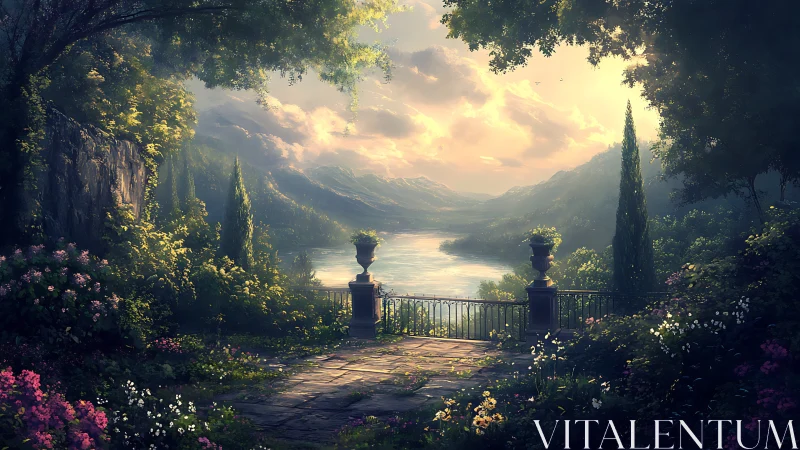 Digital painting of lakeside garden terrace in golden backlight.