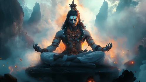 Meditative figure on floating rock amid clouds and embers.