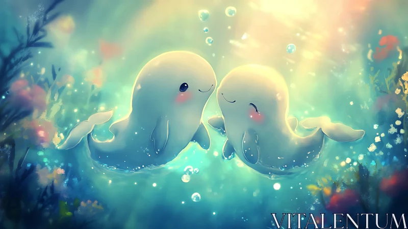 Sweet baby whales sharing a glowing underwater cuddle.