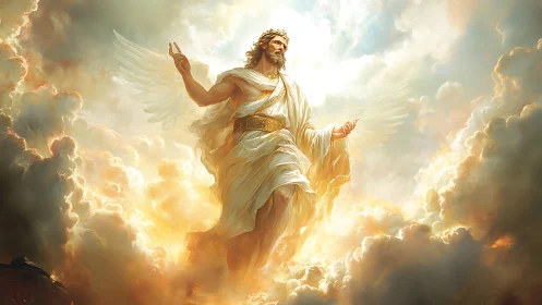 Winged robed figure ascending through bright cloudscape.