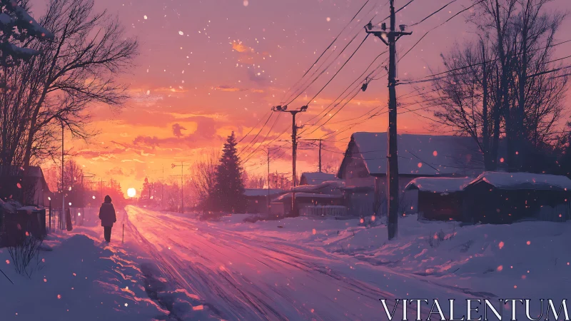 Sunset over snowy village road with lone walking figure.