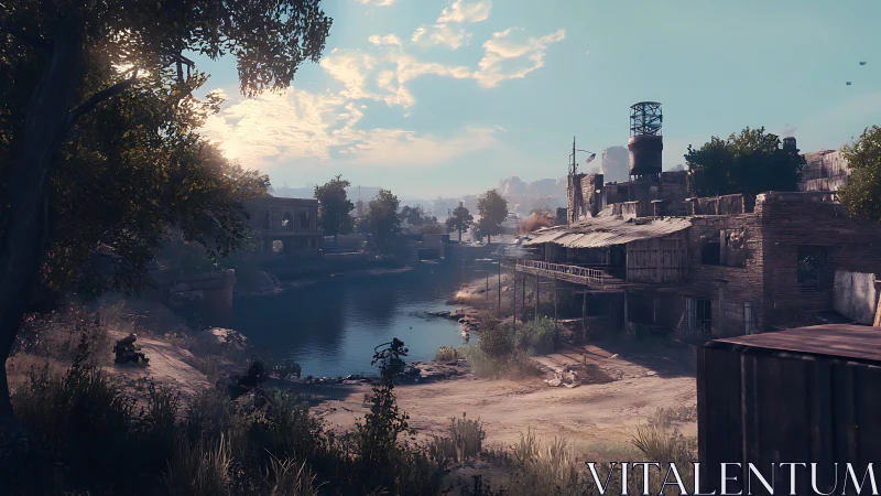 Morning light softens a quiet riverside ghost town view