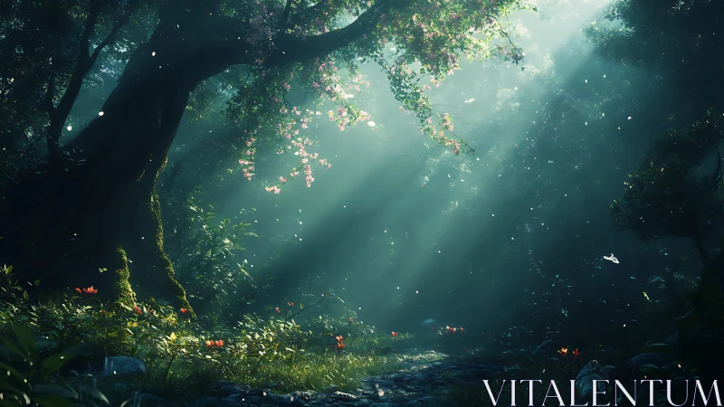 Enchanted Forest Glade with Luminous Canopy and Particles.