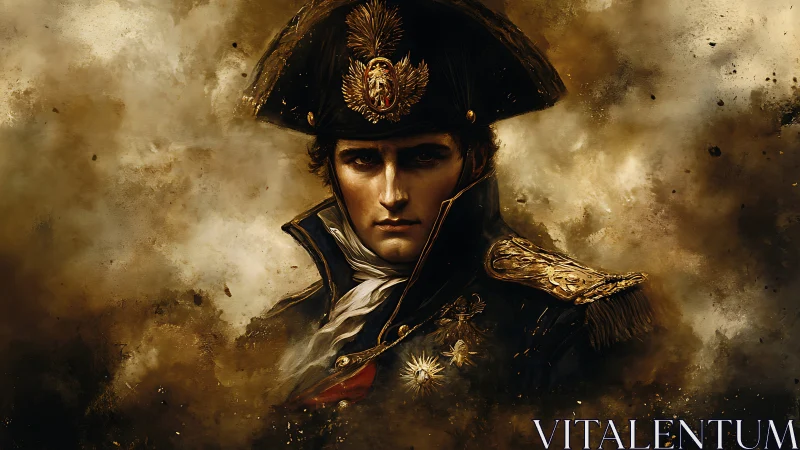 Brooding military officer emerges from storm of golden dust