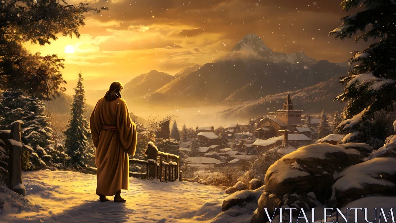 Snowlit savior watches golden dawn over quiet mountain village.