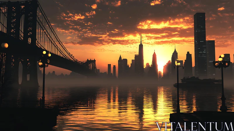 City skyline and suspension bridge stand against bright sunset