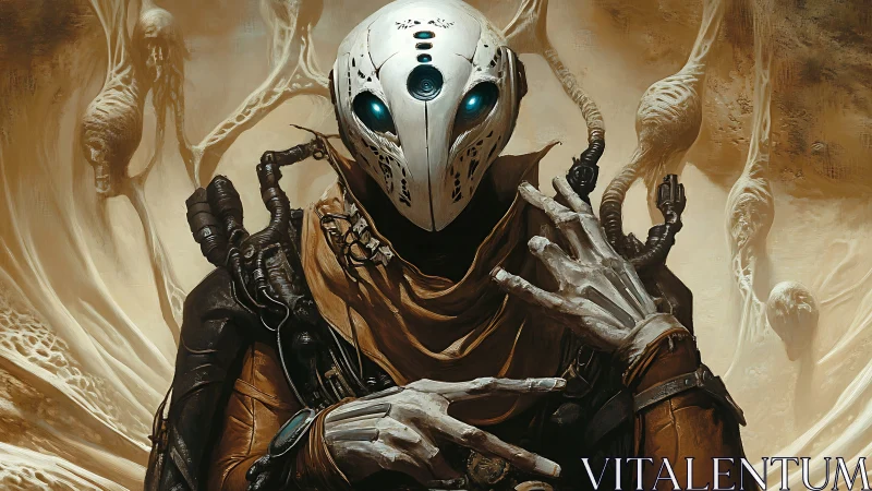 Cybernetic desert mystic with skeletal hands and mask.