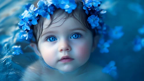 Child With Blue Flowers. Ethereal Portrait.