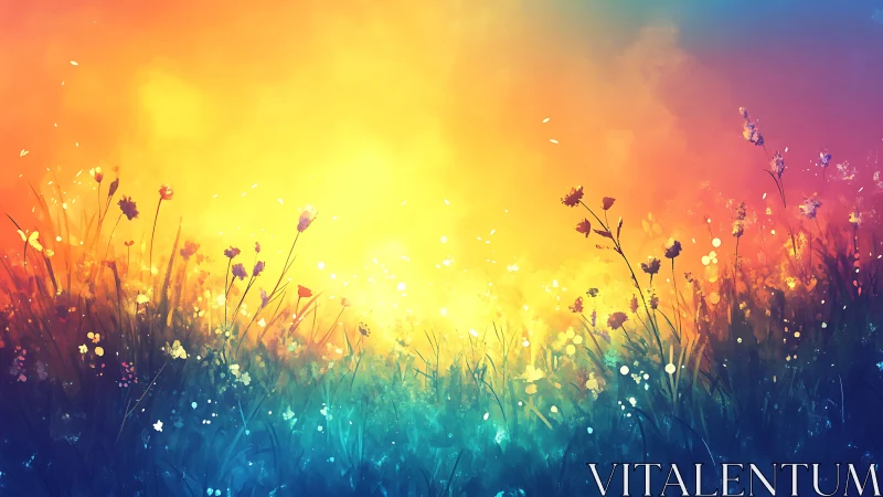 Radiant gradient meadow renders atmospheric backlit wildflowers
