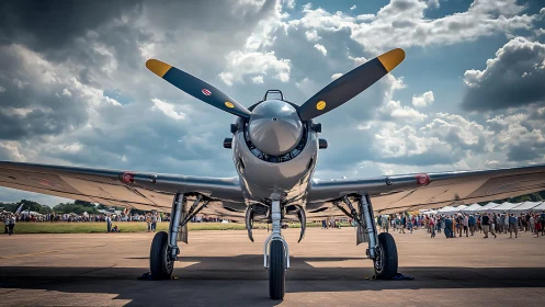 Vintage propeller aircraft stands on tarmac during airshow