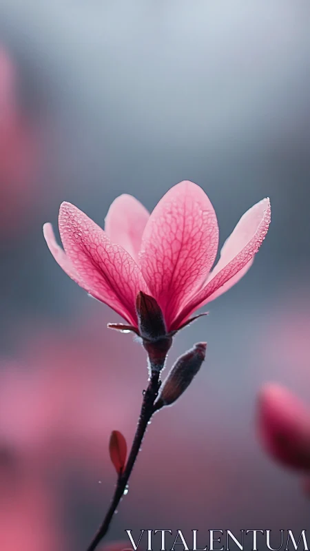 Pink Magnolia Bloom Against Blurred Garden Background.