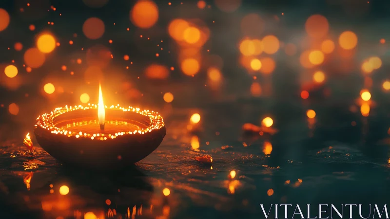 Gentle candle flame glows warmly amid dreamy golden lights