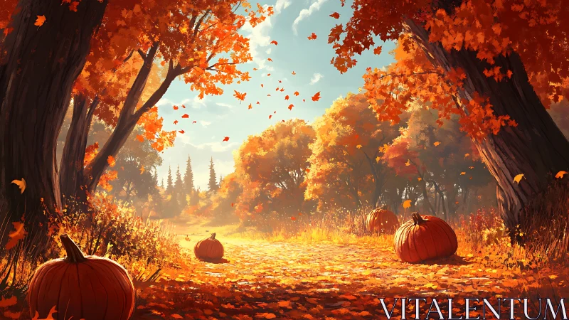 Autumn woodland path with pumpkins under orange foliage.