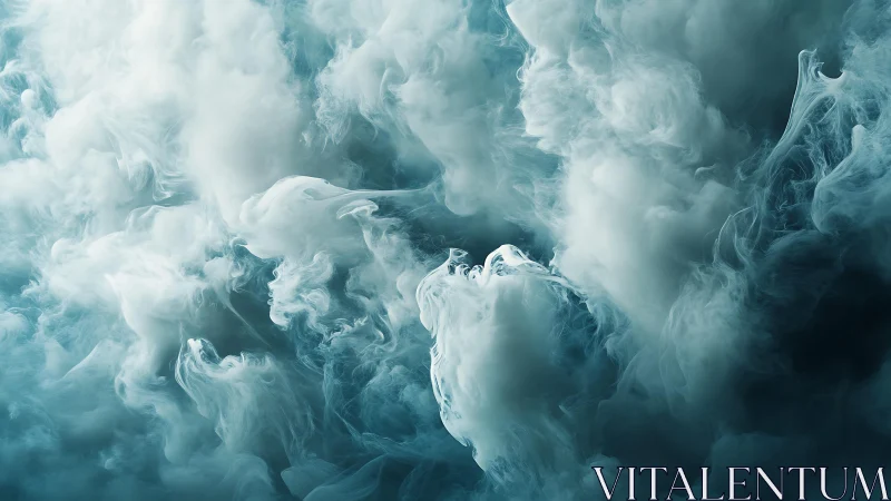 Ethereal swirling clouds of white smoke in abstract blue atmosphere.
